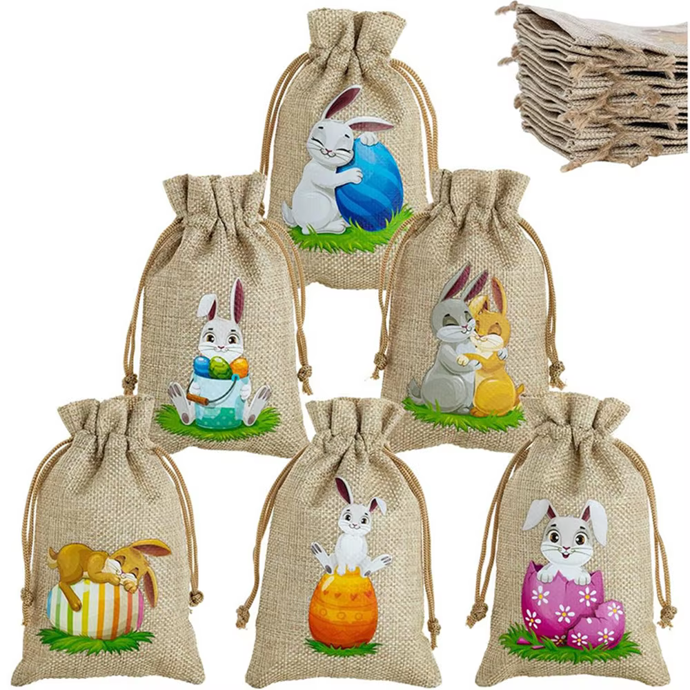 Jiibva 12Pcs Easter Linen Gift Bag Bunny Drawstring Packing Bag Spring Easter Party Favor Supplies for Easter Birthday Party Candy
