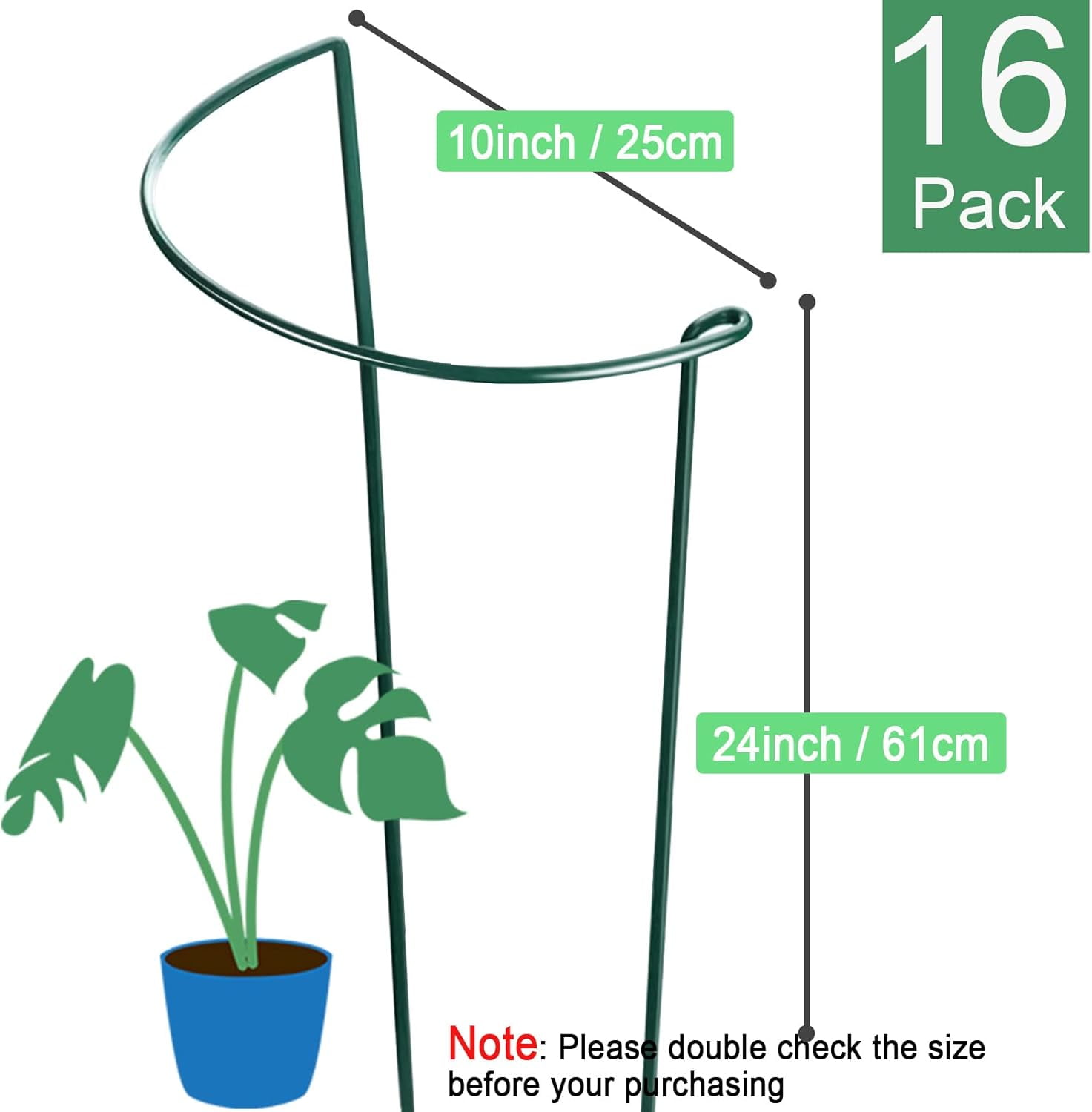 16 Pack 24 Inch Plant Support Stakes, 10" Wide x 24" High Half Round Metal Garden Plant Stake Peony Support Cage, Green Plant Support Ring Border for Tomato,Hydrangea,Flower Indoor Outdoor