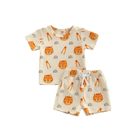 

Calsunbaby Newborn Baby Girls Boys Summer Shorts Suit Cartoon Animal Print Short Sleeve Tops Shorts Clothes Tiger 6-12 Months