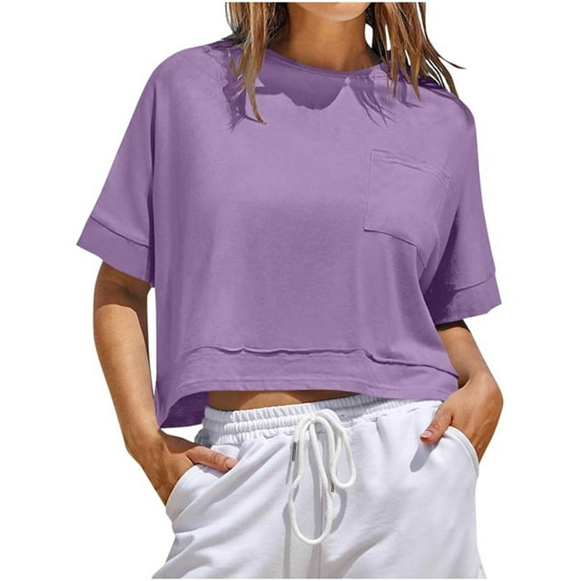 Yanlir Chemisier à Manches Courtes pour Femmes avec Boutons, Col Rond, Mode Printemps, Basique, Doux (Violet,)