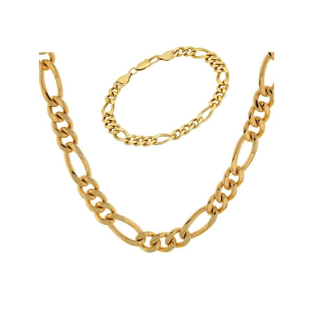 Mens Gold Figaro Bracelet - Men's Stainless Steel Gold-Tone Figaro Bracelet and Necklace Set