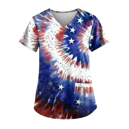 

Sksloeg Scrubs Tops for Women Plus Size American Flag Star Print Patriotic T Shirts Short Sleeve V-Neck Workwear Nurse Uniform Tee with Pockets White XXXL