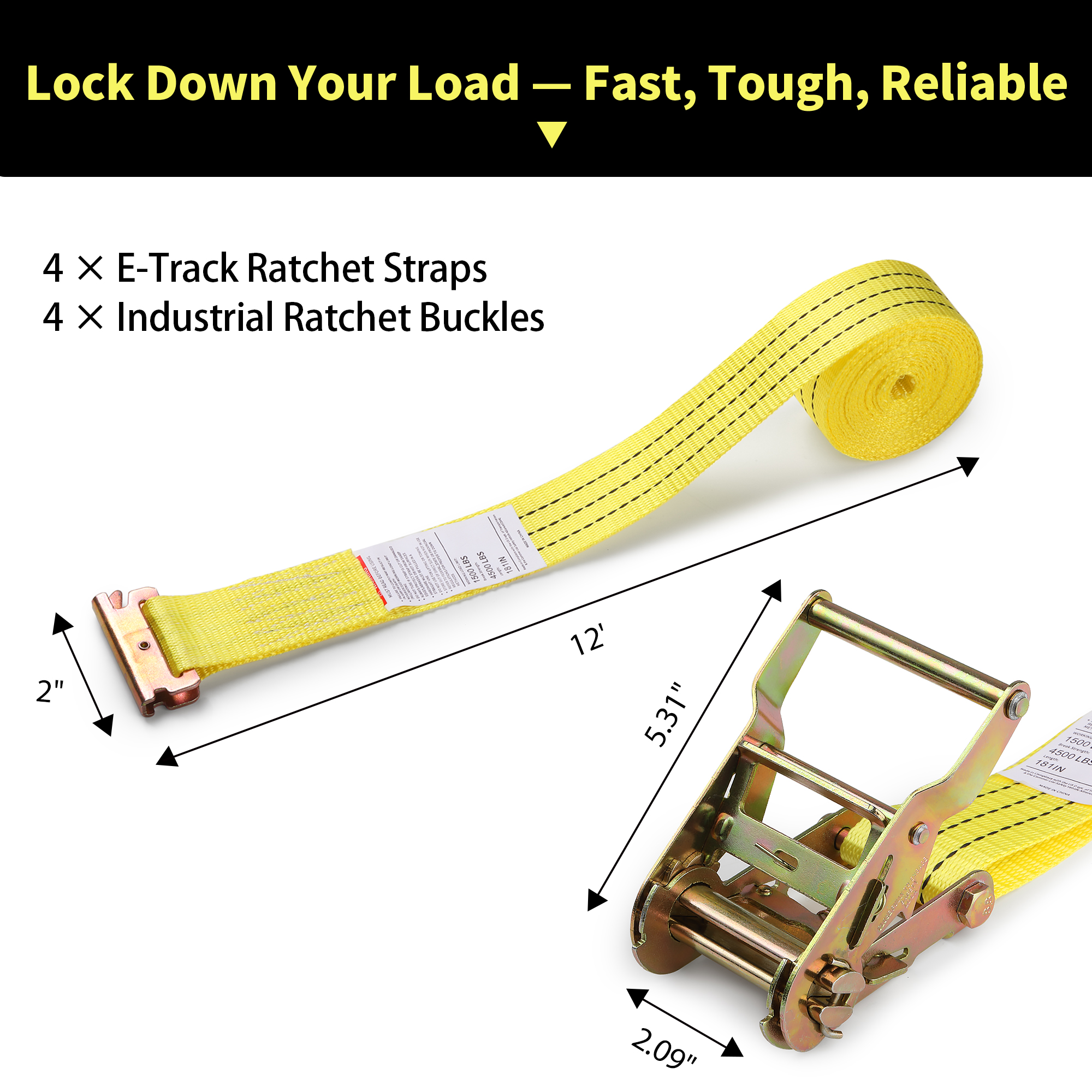 E Track Ratchet Straps Cargo Tie-Downs, 4 Pack 2'' x 12 ft Heavy Duty Yellow Tie-Down Rachet Straps,E Track Spring Fittings, Cargo Tie-Down Straps for Trucks, Trailers, Vans, Motorcycles, RVs