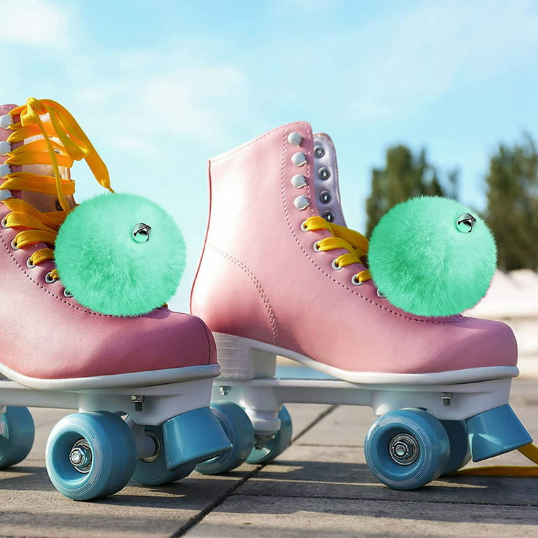 2 Pcs Roller Skate Pom Poms with Jingle Bells Girls Roller Skate Pom Poms  Fuzzy Pom Pom for Quad Roller Skate,Mint Green 