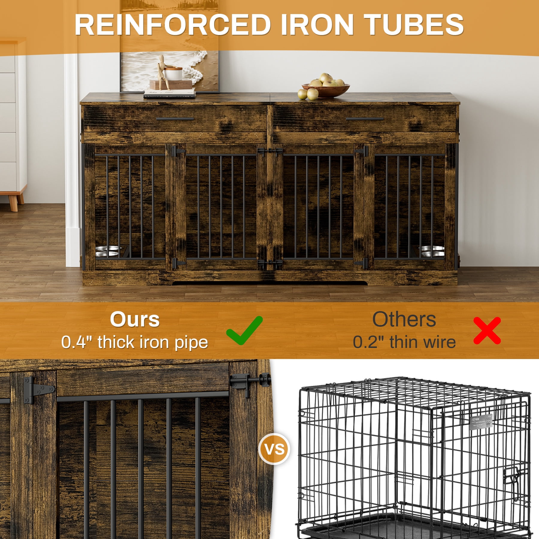 WIILAYOK 72.05" Dog Crate Furniture, Wooden Dog Kennel with 2 Drawers and 4 Dog Bowls, Heavy Duty Indoor Furniture Style Dog Cage House(Rustic Brown)
