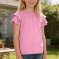 thumbnail image 2 of Aihuaihua Girls Pleated Ruffle Short Sleeve Shirts Kids Summer Crewneck T-Shirts Solid Color Fashion Tops Tees Age for 5-12 Years Pink 11-12 Years, 2 of 6
