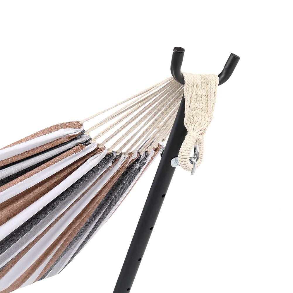 Private Jungle 9ft Steel Pipe Hammock Frame with Cotton Hammock, Natural Rope Iron Hammock Set For Garden, Outdoor, Coffee Private Jungle 9ft Steel Pipe Hammock Frame with Cotton Hammock, Natural Rope Iron Hammock Set For Garden, Outdoor, Coffee