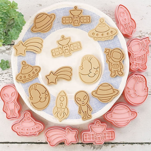 8Pcs/set Space Astronaut Biscuit Mold Alien 3D Cartoon Cookie Mold Biscuit Cutter DIY Fondant Plunger Cake Tools Kitchen Baking Pastry Supplies