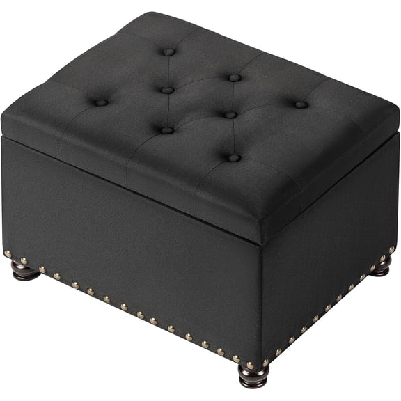 24" Storage Ottoman, Fabric Ottoman Foot Rest Stool with Hinged Lid, Tufted Rectangle Upholstered Footstool, Load Up to 350 lb, for Living Room, Bedroom, Dorm, Black