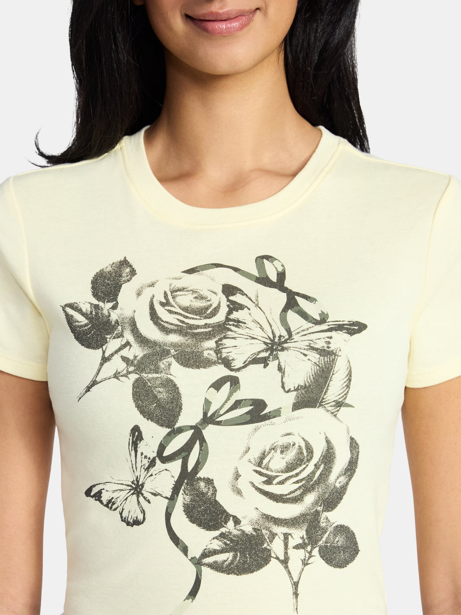 Bow Grid Watercolor Women's Graphic Cropped Baby Tee with Short Sleeves, Sizes XXS-XXL