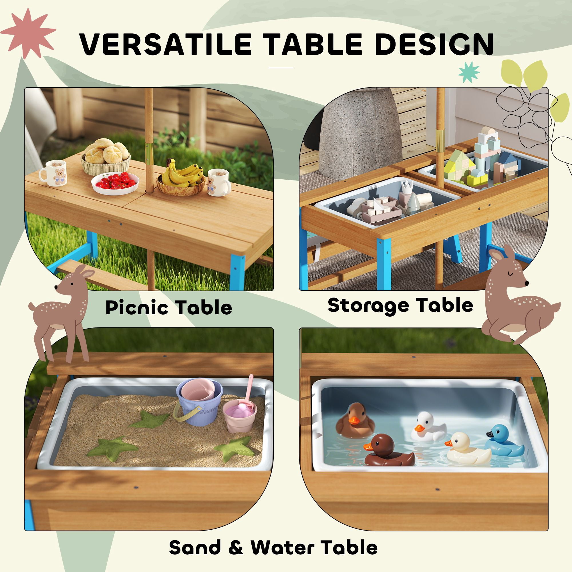 Kids Picnic Table Set with Foldable Umbrella, Removable Cushions & Boxes, Dinosaur Theme, Blue
