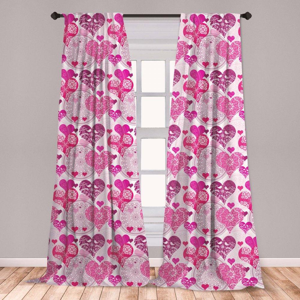 Hearts Curtains 2 Panels Set, Valentines Day Inspired Ornamental Love