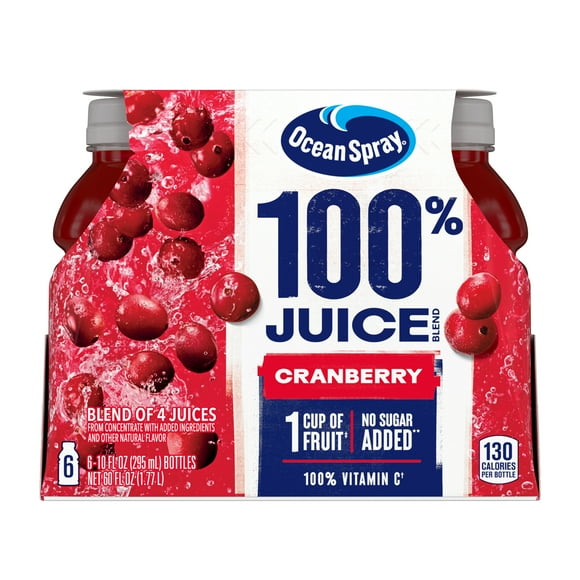 Ocean Spray 100% Juice Cranberry Juice Blend, 10 fl oz Bottles, 6 Count