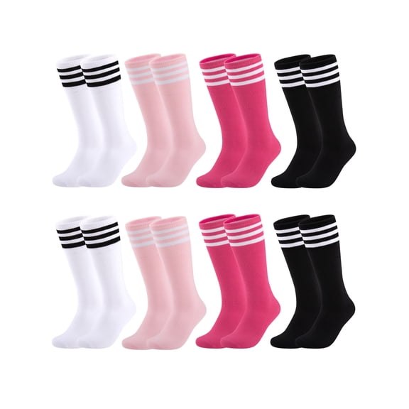 EALLCO Girls Crew Socks 8 Pairs Stripe Multicolor Soft Breathable Uniform Casual Socks for Ages 4‑10 Kids