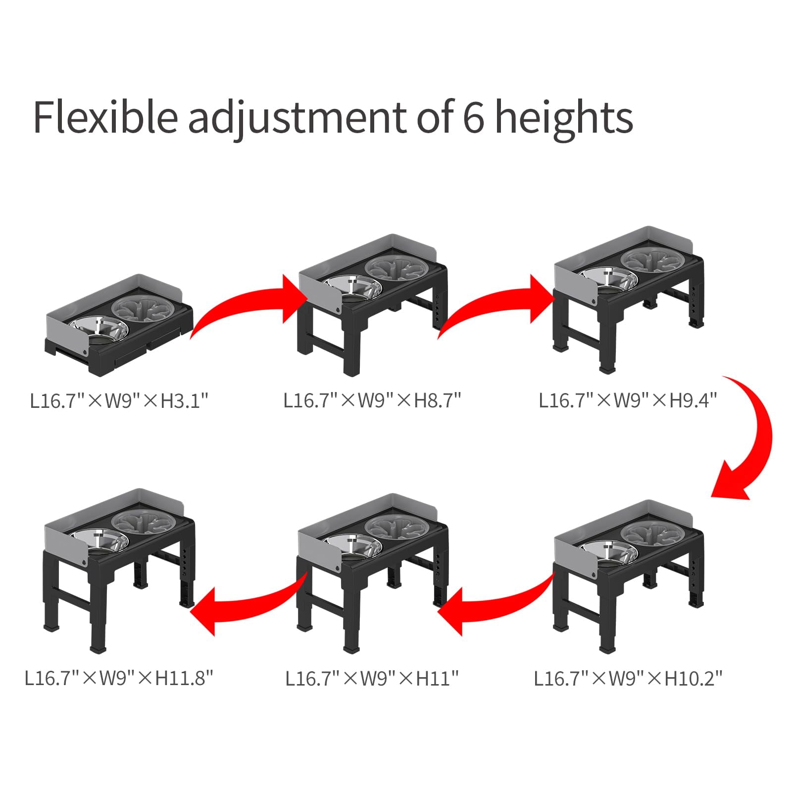 6-height adj. spill-proof tiltable dog feeder w/ 1 slow feeder & 1 stainless bowl. Ergonomic raised design for med/large dogs, promotes joint health & digestion. Easy-clean slip, black.