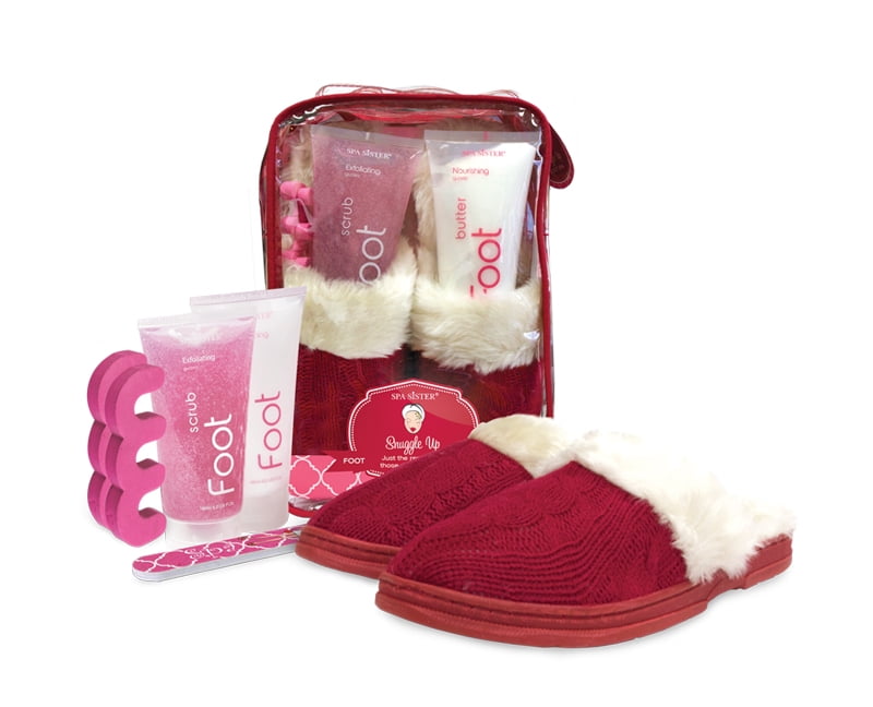 Spa Sister Snuggle Up Foot Spa Cable Knit Slippers, Red Guava Chiffon