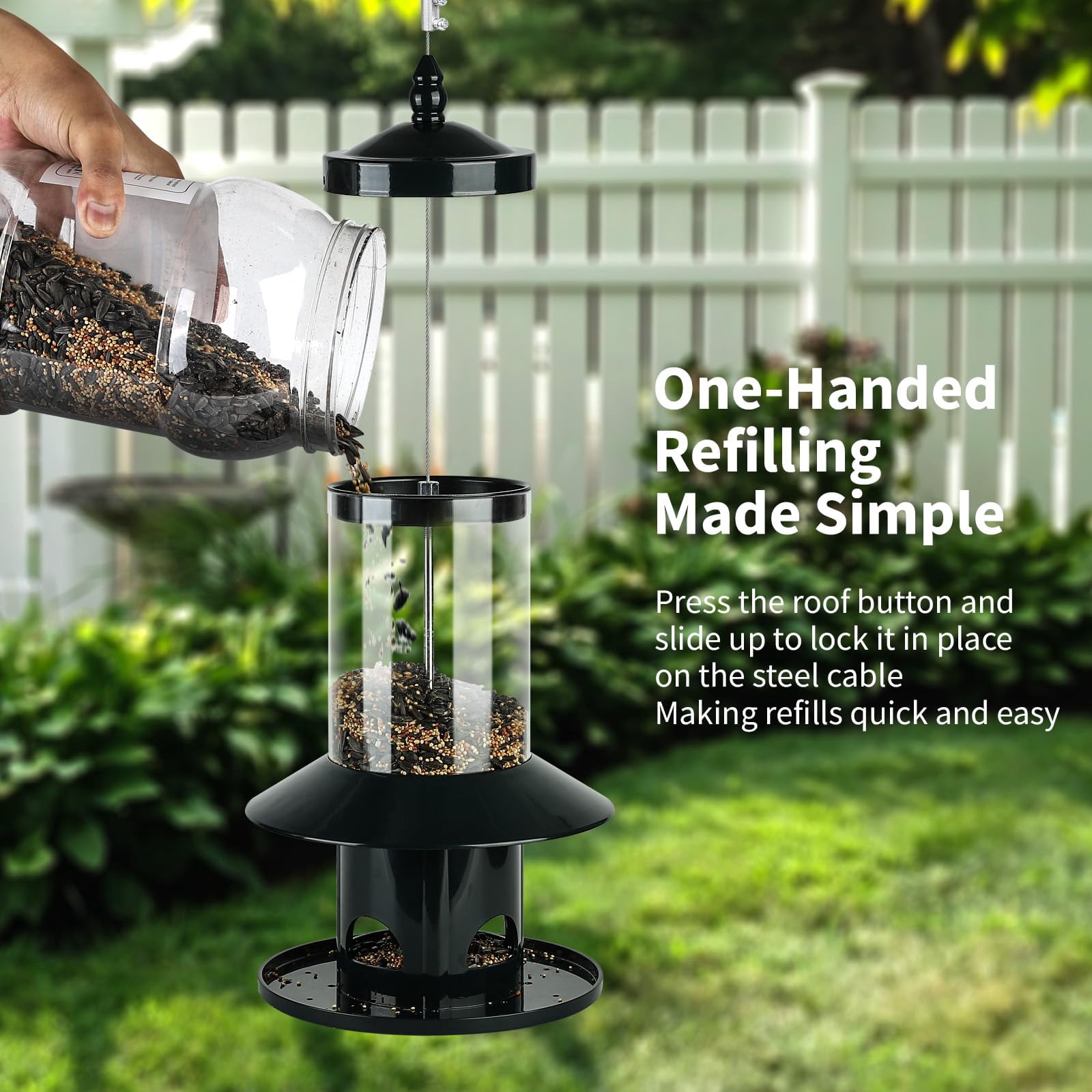 Squirrel Proof Bird Feeder - 360° Feeding Perch Tray for Outdoor Hanging Wild Bird Seeds, Dark Green.