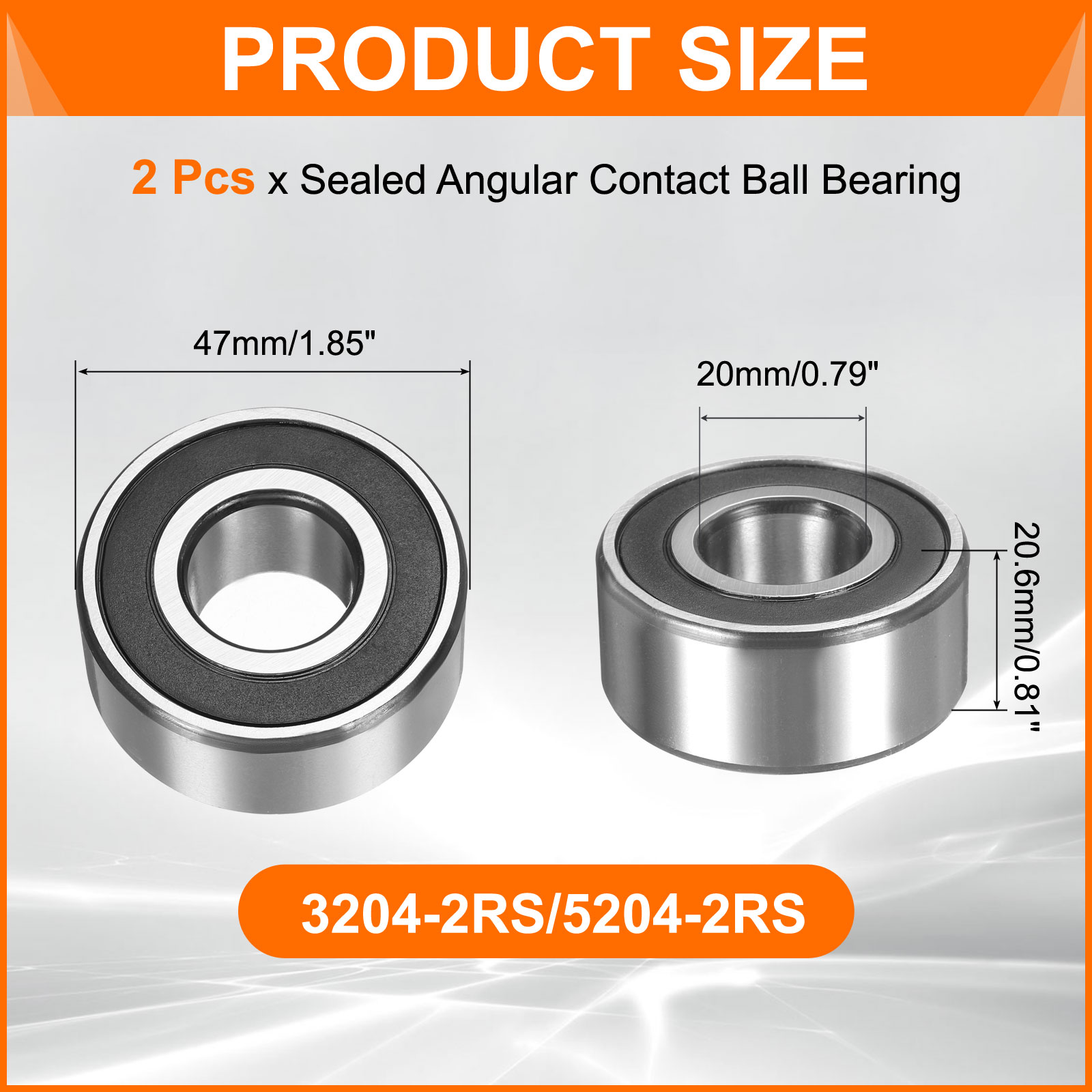 Uxcell 2 Pack 3204-2RS/5204-2RS Double Row Sealed Angular Contact Ball Bearing, 20 x 47 x 20.6mm Ball Bearings for Electric Motor, Pumps, Compressors, Agricultural Machinery