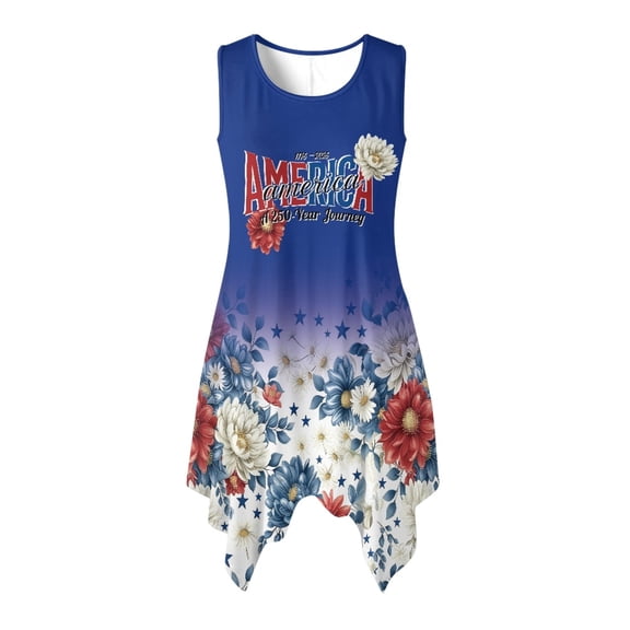 HELLHERO Patriotic Floral Stars Asymmetric Dresses for Dating Vacation, Side Pockets Irregular Hem Sleeveless Sundress