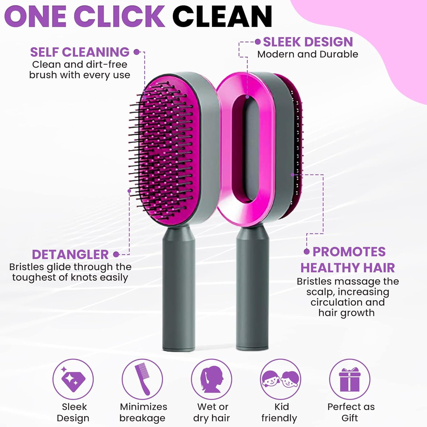 Self Cleaning Hair brushes for Women, Kids - Hair Brush for Curly, Thick, Straight, Thin, Wet or Dry Hair - Detangling Brush and Scalp Massager - Detangler Brush Comb Pain Free (Purple)