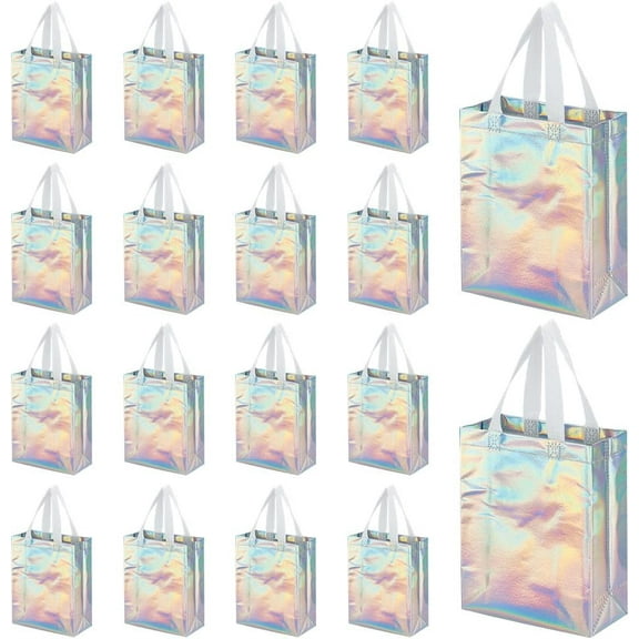 CUTHOLLOW 18 Pcs Iridescent Reusable Gift Bags with Handles for Party Favor Bulk Non-woven Party Goodie Bags with Sturdy Base - Small Medium Christmas Birthday Wedding Gift Bags for Women Girls diy