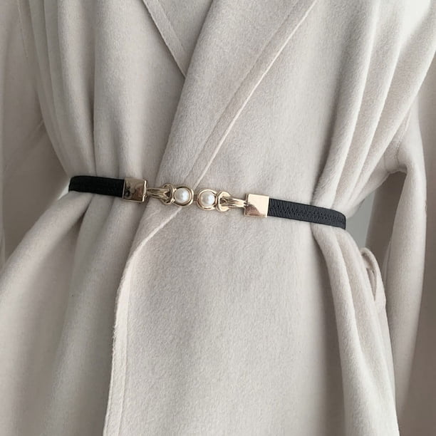 Cinturón negro para mujer, fino, elástico, pequeño, decorativo, para vestir, camisa, cinturón con hebilla de perla, moderno