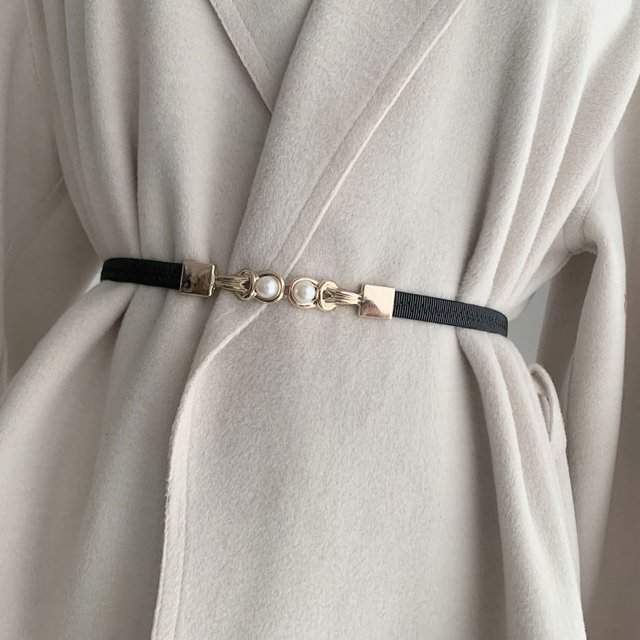 Cinturón negro para mujer, fino, elástico, pequeño, decorativo, para vestir, camisa, cinturón con hebilla de perla, moderno