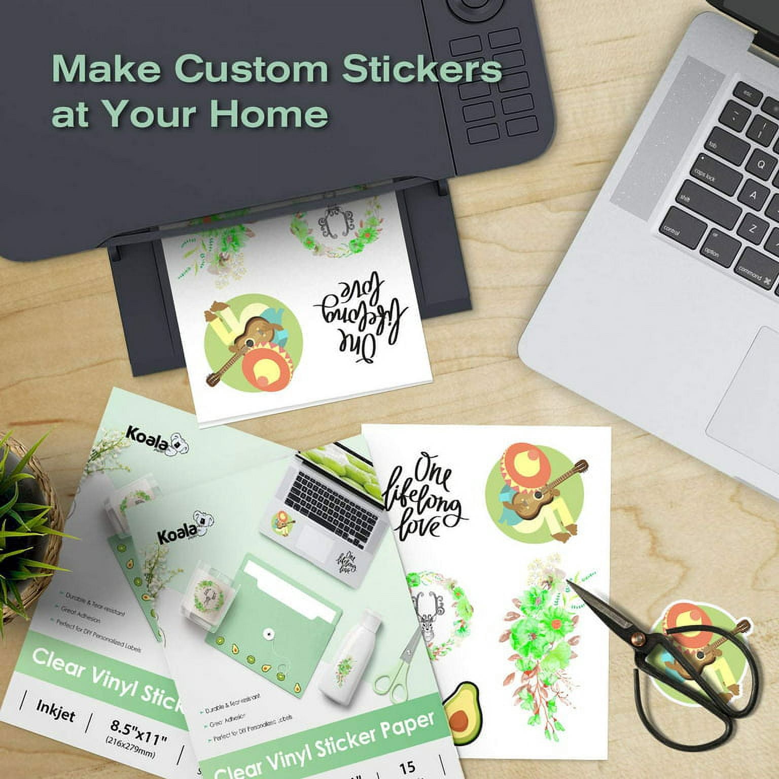 Koala Clear Sticker Paper for Inkjet Printer,  8.5x11 inch 50 Sheets, Printable Transparent Vinyl Sticker Paper Waterproof