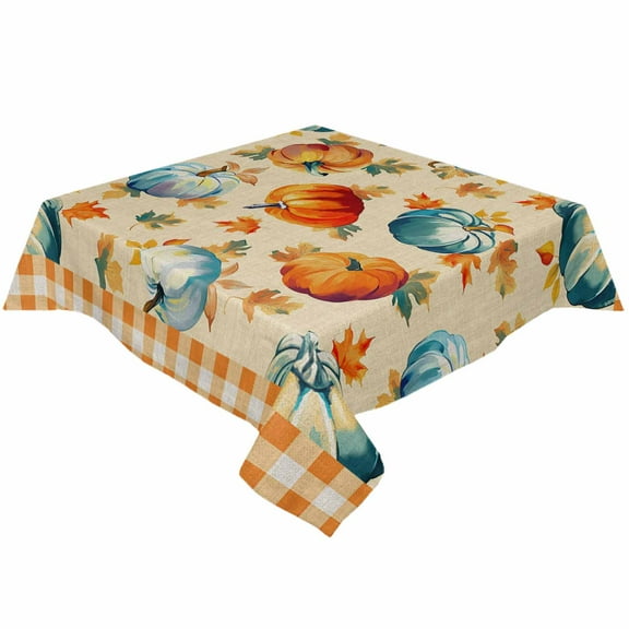 Thanksgiving Orange Blue Pumpkins Square/Round Tablecloths 52x52,Fall Maple Leaves Plaid Table Cloth Table Cover Indoor/Outdoor Tabletop Decor for Wedding Holiday Party Dinner Baby Shower