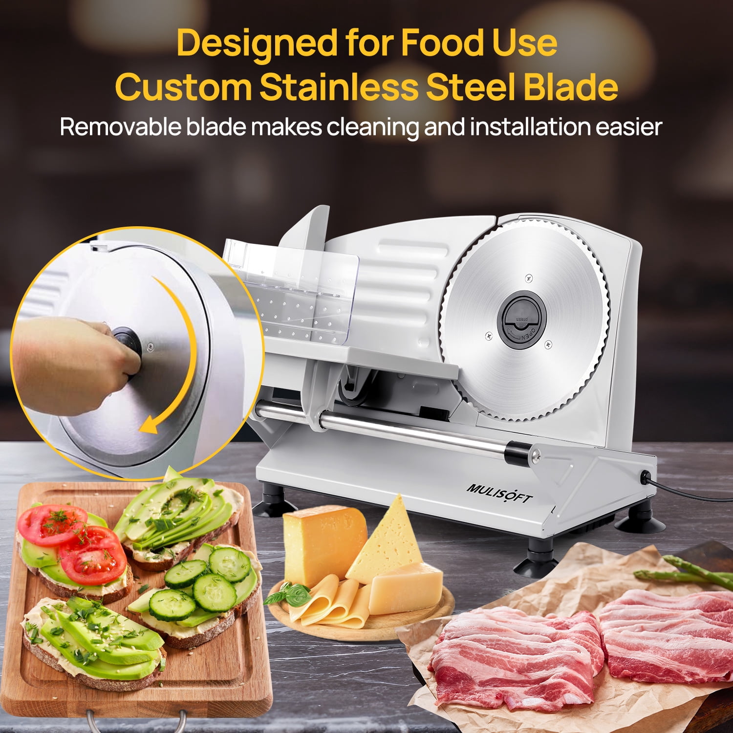 MULISOFT Meat Slicer, Meat Slicer Machine for Home Use, with 2 Removable Stainless Steel Blades, Adjustable Thickness Deli Slicer, Electric Slicer for Meat, Cheese, Bread, New