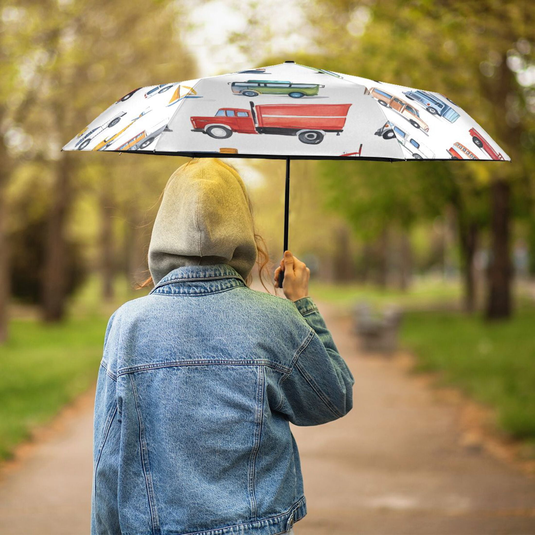 ALAZA Cartoon Car Vehicle UPF 50+ Compact Folding Umbrella for Rain Travel Umbrella Packable