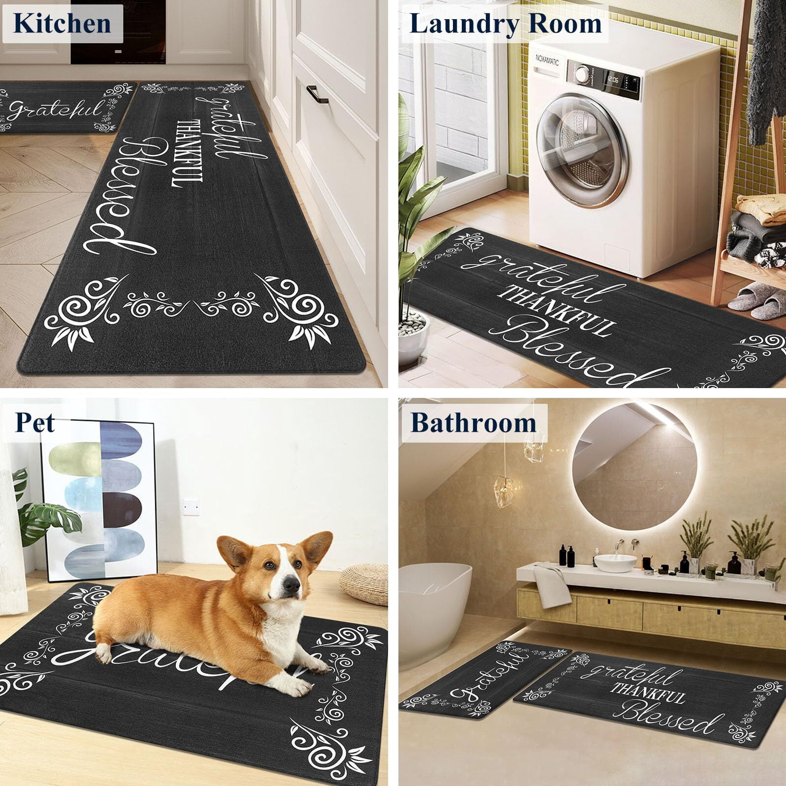 Findosom 2pcs Black Kitchen Rug Set,18"x30"+18"x47" Non-slip Anti-Fatigue Kitchen Mats Farmhouse Waterproof Kitchen Runner,Ergonomic Comfort Cushioned Standing Mat for Floor,Home,Office,Sink,Laundry
