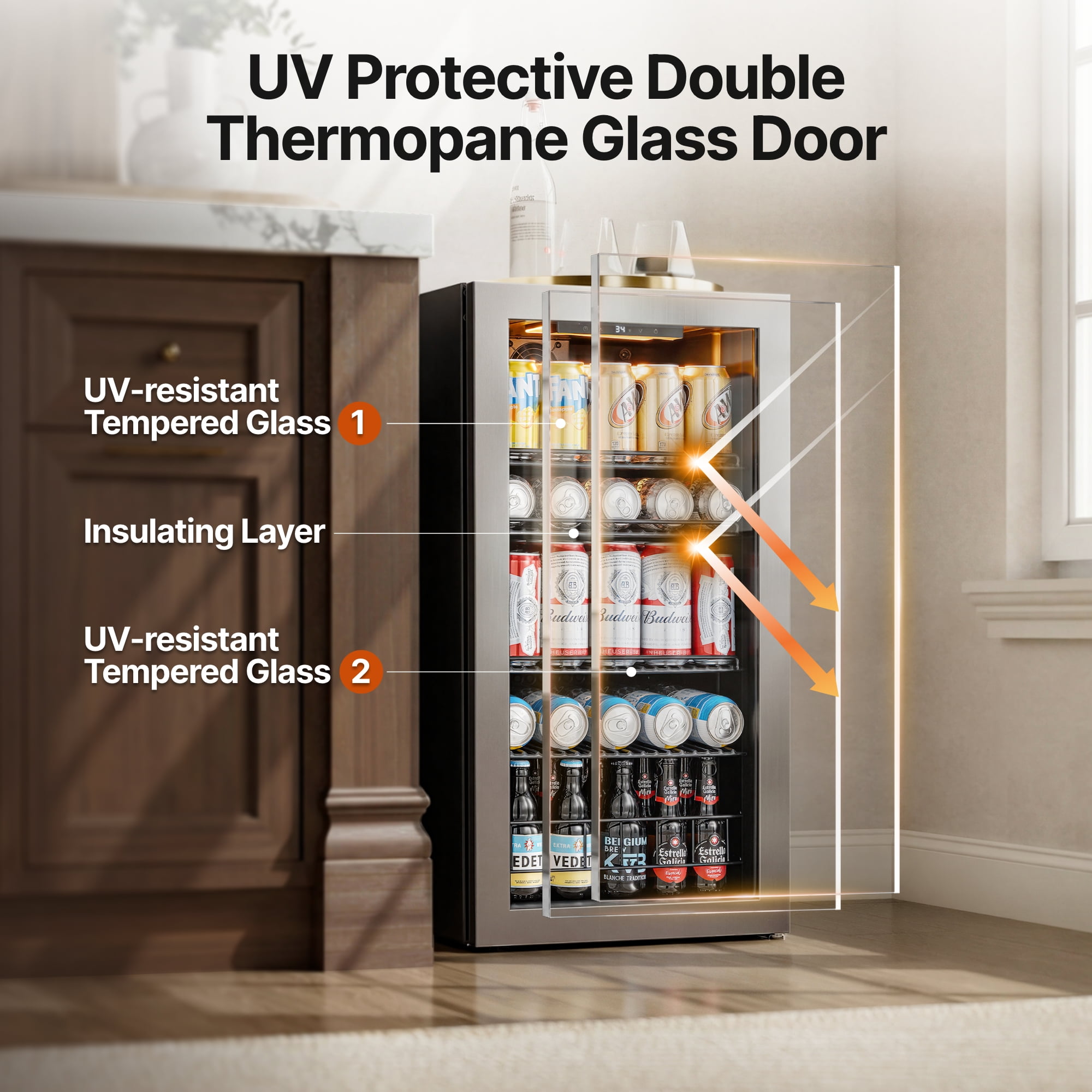 Ca'Lefort Beverage Refrigerator Cooler,95-121 Can Freestanding Beverage Fridge,with Glass Door for Home/Bar/Office