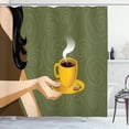 thumbnail image 1 of Coffee Shower Curtain, Half Scene of a Woman Holding a Cup with Hot Beverage and Cookies, Fabric Bathroom Set with Hooks, 69W X 84L Inches Extra Long, Olive Green and Multicolor, by Ambesonne, 1 of 3