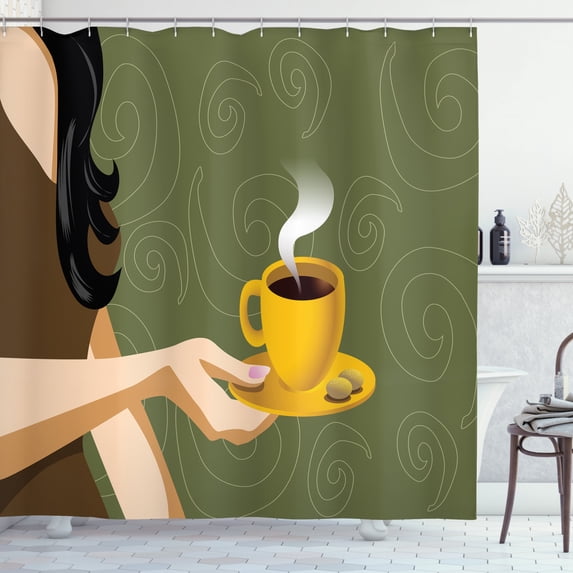 Coffee Shower Curtain, Half Scene of a Woman Holding a Cup with Hot Beverage and Cookies, Fabric Bathroom Set with Hooks, 69W X 84L Inches Extra Long, Olive Green and Multicolor, by Ambesonne