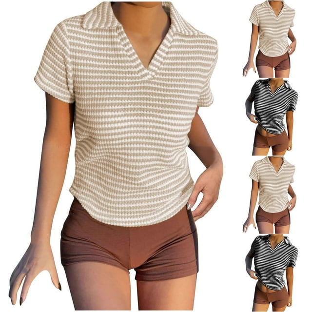 T-shirt Chic à Col en V pour Femmes, Haut à Manches Courtes Rayé Décontracté, Tissu en Polyester Doux, Coupe Régulière Décontractée, Conçu pour un Usage Quotidien en Été et des Occasions Polyvalentes
