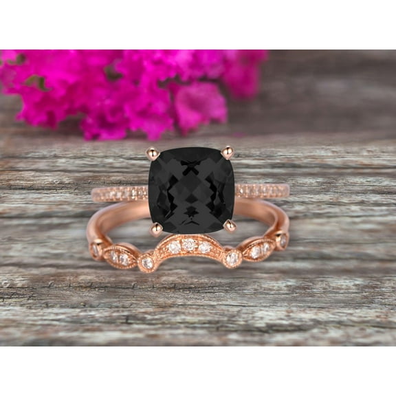 2.30 Carat 2Pcs Black Diamond Moissanite Wedding Ring Set Cushion Cut Black Diamond Moissanite Engagement Ring On 10k Rose Gold Curved Art Deco Matching Wedding Band Personalized for Brides
