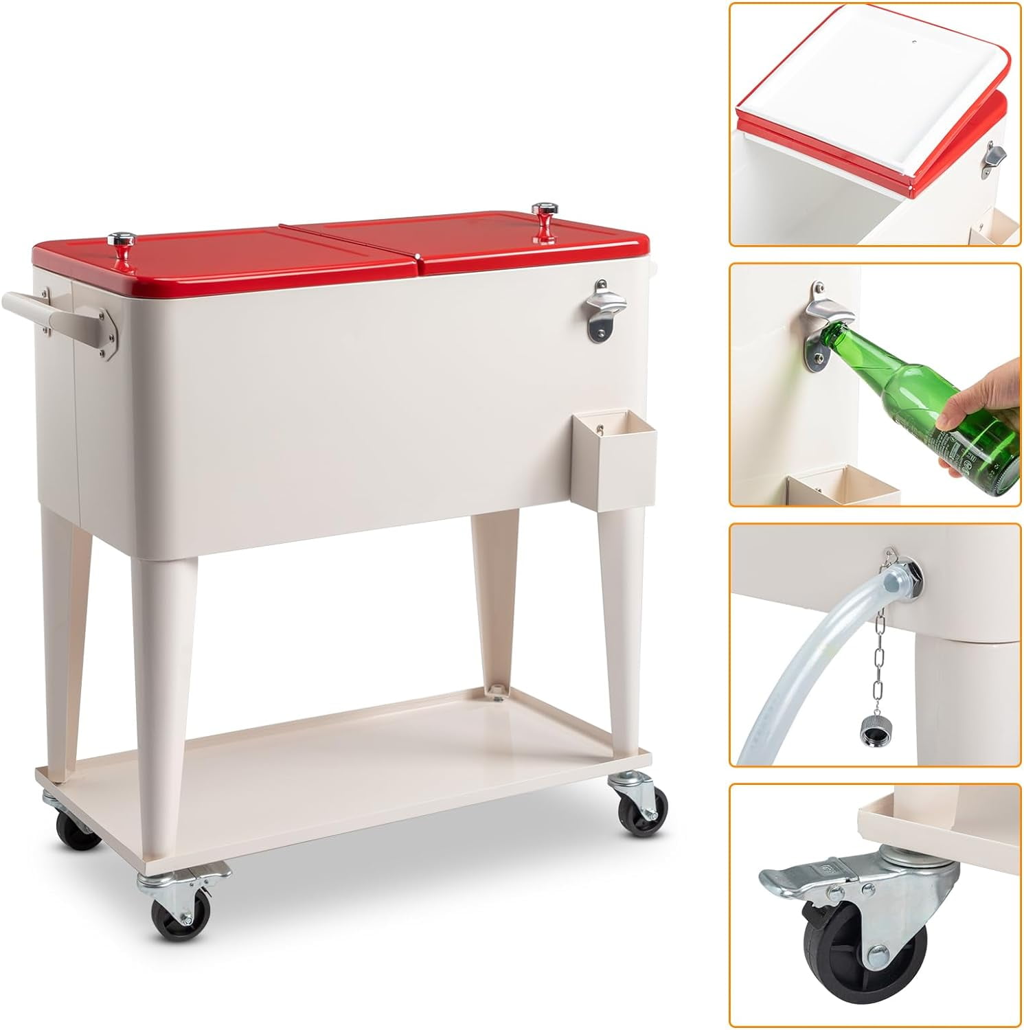 80 Quart Rolling Ice Chest, Portable Bar Drink Cooler with Catch Basin, Bottom Storage Tray and Bottle Opener for Patio Party BBQ Beach Activities