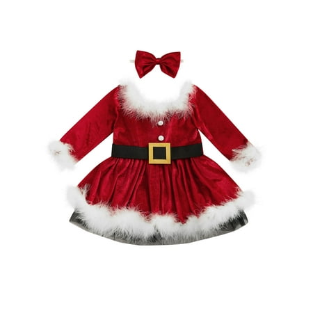 

Peyakidsaa Kids Girl Christmas Dress Set Long Sleeve Furry Patchwork Belted Dress with Bowknot Headband
