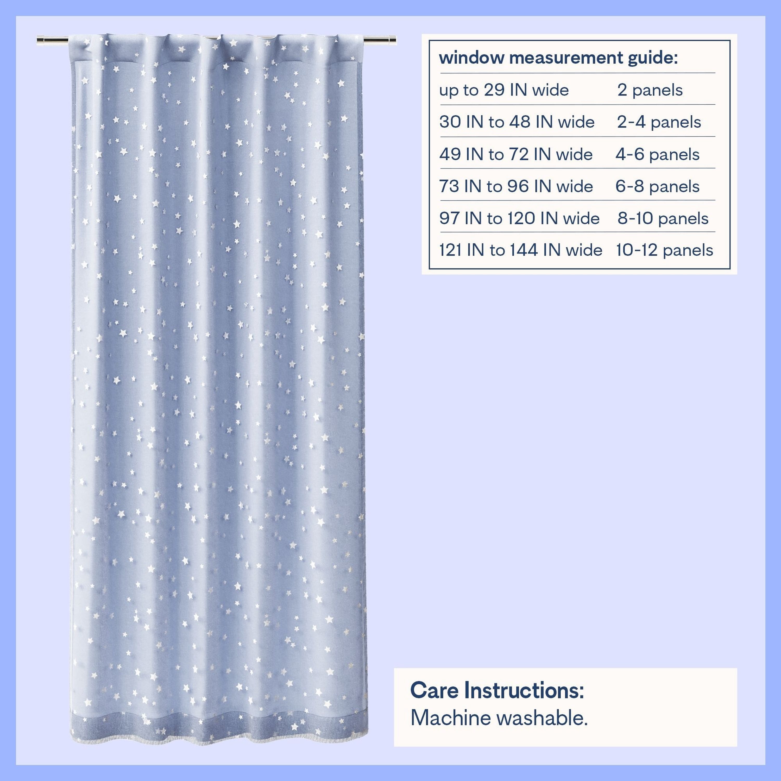 Mainstays Kids Sheer Overlay Blackout Single Curtain Panel, Spring Periwinkle with Metallic Silver Stars, Rod Pocket and Back Tabs, 38 in x 63 in