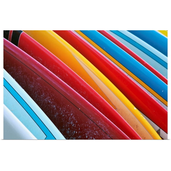 Great BIG Canvas | Rolled Brandon Tabiolo Poster Print entitled Coloured surfboards lined up, Honolulu, Oahu, Hawaii
