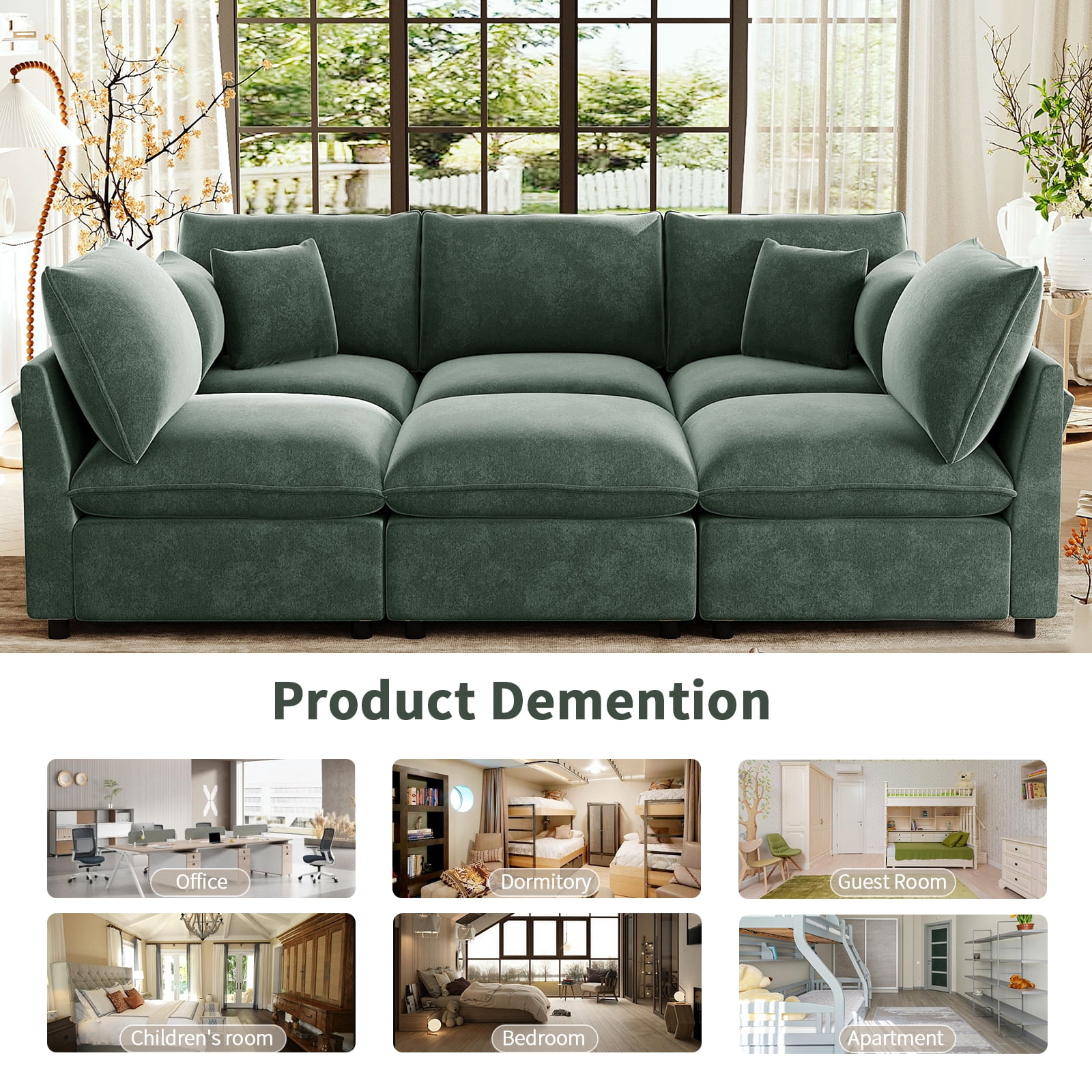 EPOWP 93.7'' Modular Sectional Sofa, U Shaped Cloud Couch with Movable Ottoman, Chenille 6 Seater Sofa Storage Armrests and USB Ports for Living Room (Green)