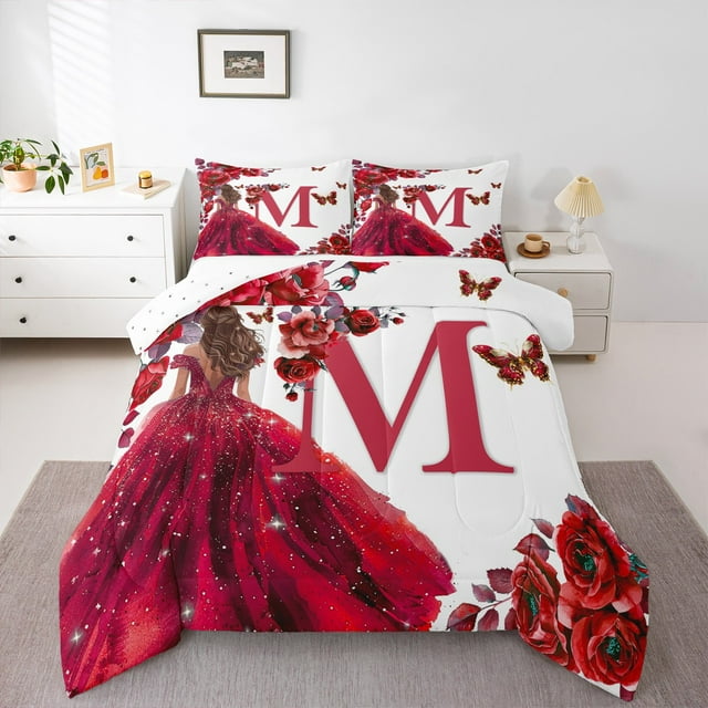Erosebridal Ensembles de Couettes Lettre Initiale Rouge Format Très Grand, Couettes et Duvets m à Motif Floral, Ensemble de Literie Réversible Conte de Fées Couette Très Grand, Décoration de Chambre en Microfibre, 3 Pcs