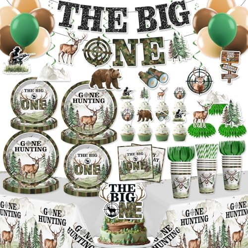 193pcs The Big One Hunting Birthday Party Decorations for Boys, The Big One Deer Party Decorations with Tableware Set Banner Hanging Tablecloth Balloon Cupcake Topper Centerpiece, Serves 25