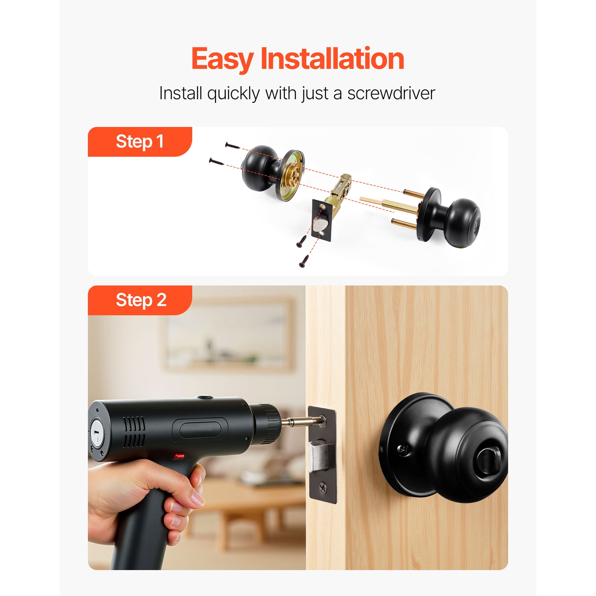 KFFKFF 6 Pack Black Door Knobs, Privacy Door Handles with Round Ball Design, Keyless Exterior and Thumb Turn Interior Lock, Durable Metal Construction, Matte Black Finish for Bedrooms and Bathrooms
