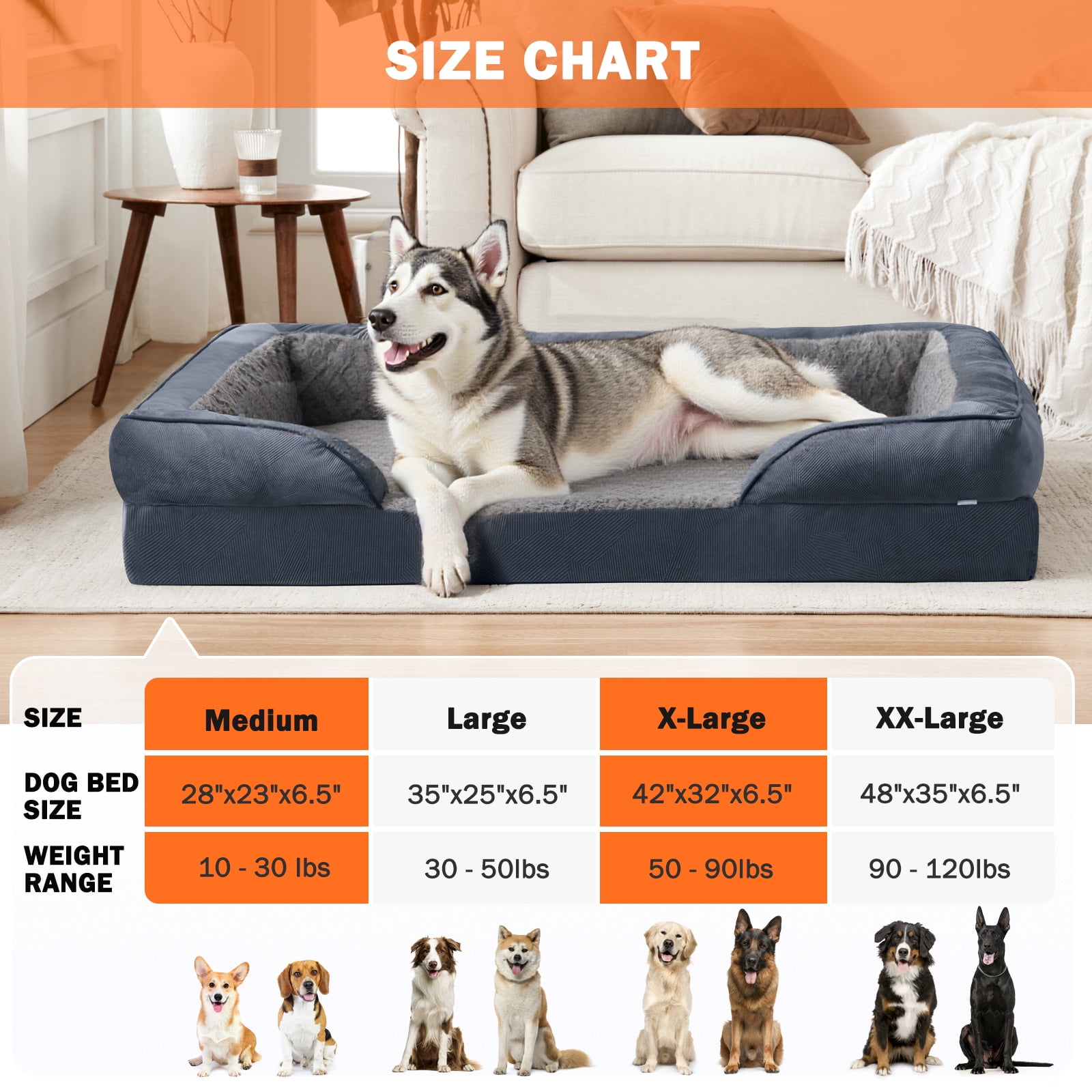 Extra Large Orthopedic Dog Bed, Waterproof Dog Couch Bed with Removable Washable Cover, Dog Sofa Bed X Large, Egg-crate Foam, Waterproof Lining, Nonskid Bottom, Gray, 42in