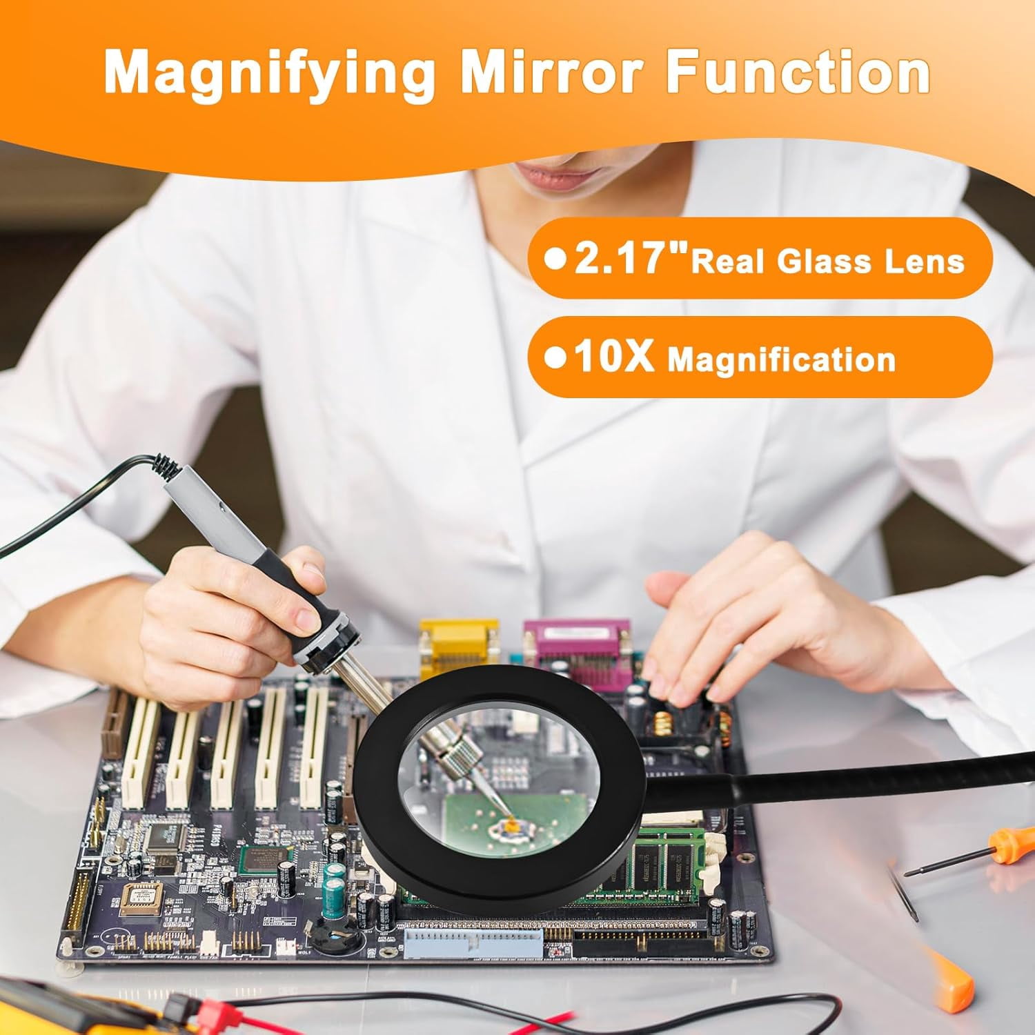 10X Magnifying Glass with Light and Timer, 2 in 1 Magnifying Desk Lamp, 3 Color Modes 10 Dimmable Brightness, Flexible Gooseneck Magnifier with Light for Craft Hobby Sewing Close Work(No Adapter)