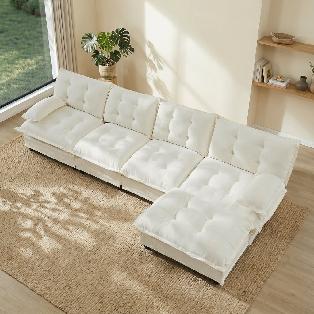 AISWORD 138" L-Shaped Modular Sectional Cloud Sofa with Ottoman, Chenille Fabric Deep Seat Couch with Lattice Decored Cushions