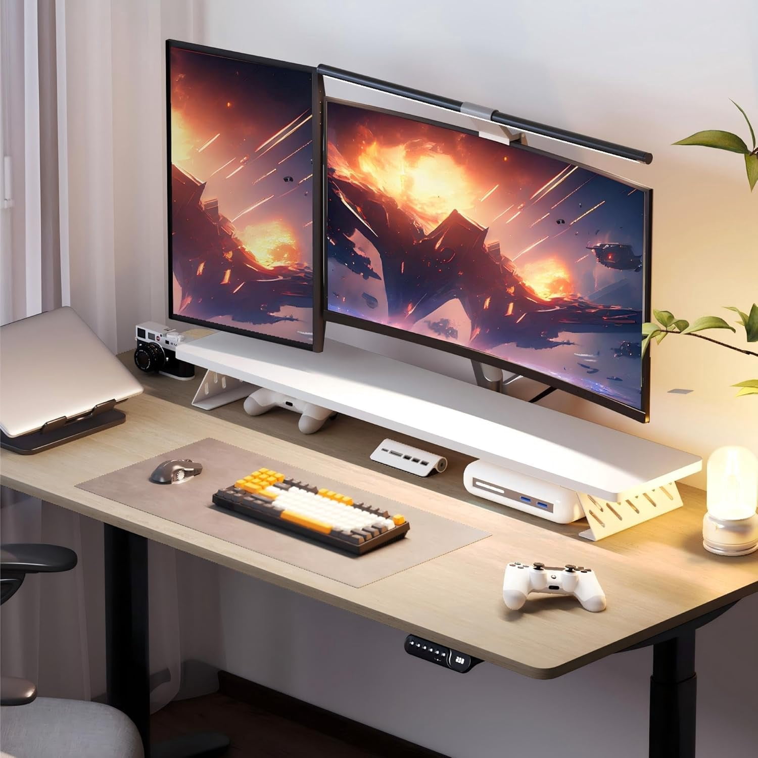 Wood and Steel Dual Monitor Stand Riser for Desktop, Laptop, PC, and Printer