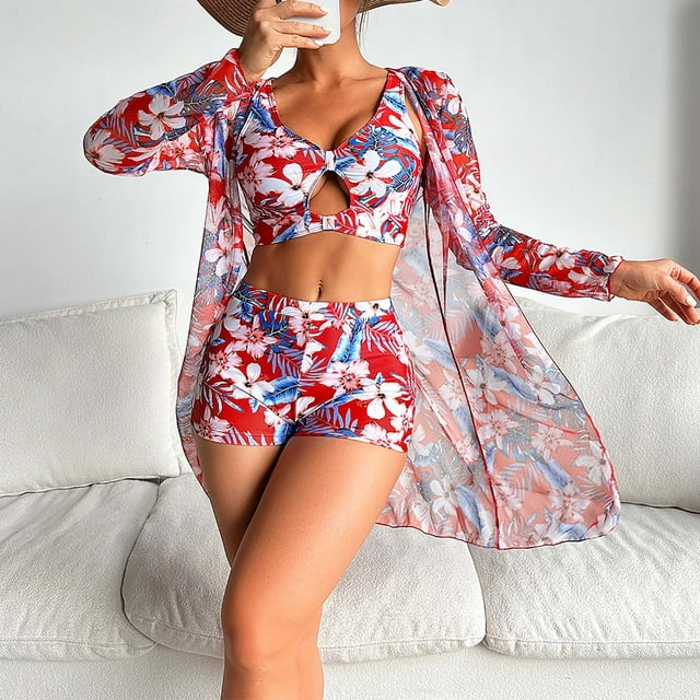 Daisyyozoid Swimsuits for Women Clearance Printed Bikini Straps Bikini Deep V Split Set Three Piece Set